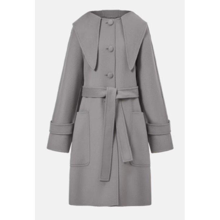 CARVEN Outlet - Women's Wool Double-Faced French Belted Hooded Long Coat with Oversized Lapels